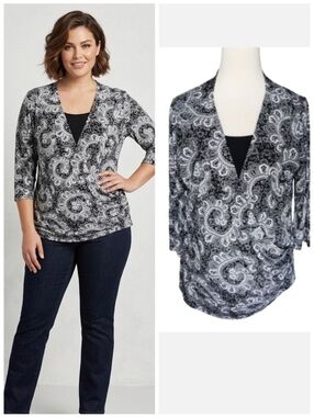 Plus size black and white faux wrap paisley blouse Covington women's size 16/18